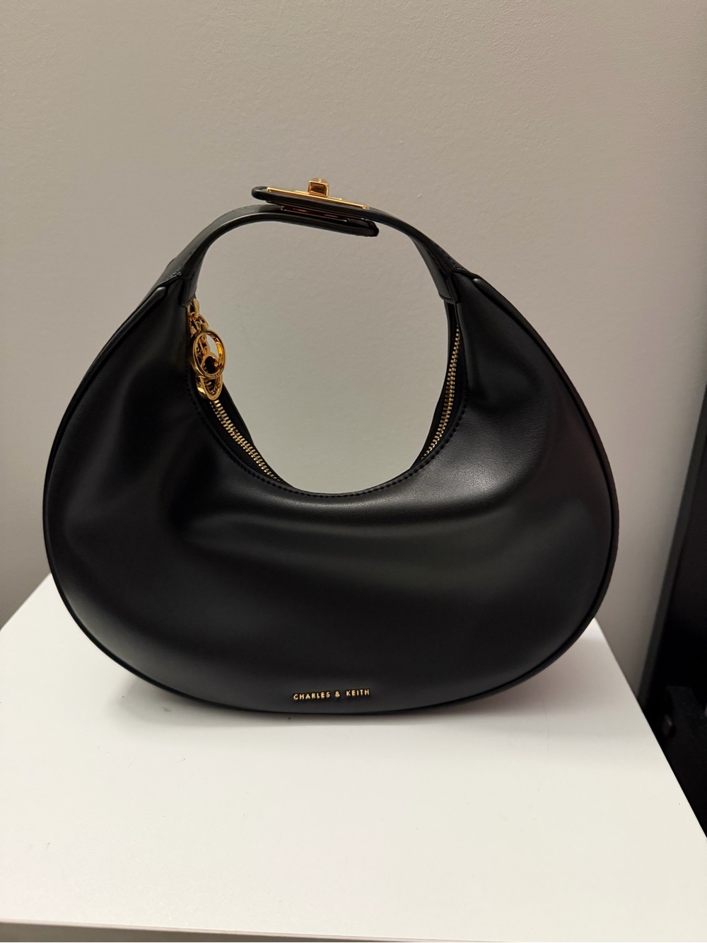 Charles & Keith Black Crescent Hobo with Gold Hardware + Strap Extender